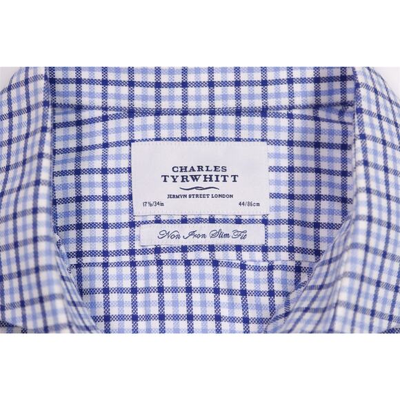 Charles Tyrwhitt Non Iron Slim Fit Blue Checkered Dress Shirt (44) 17.5-34 - Picture 6 of 7